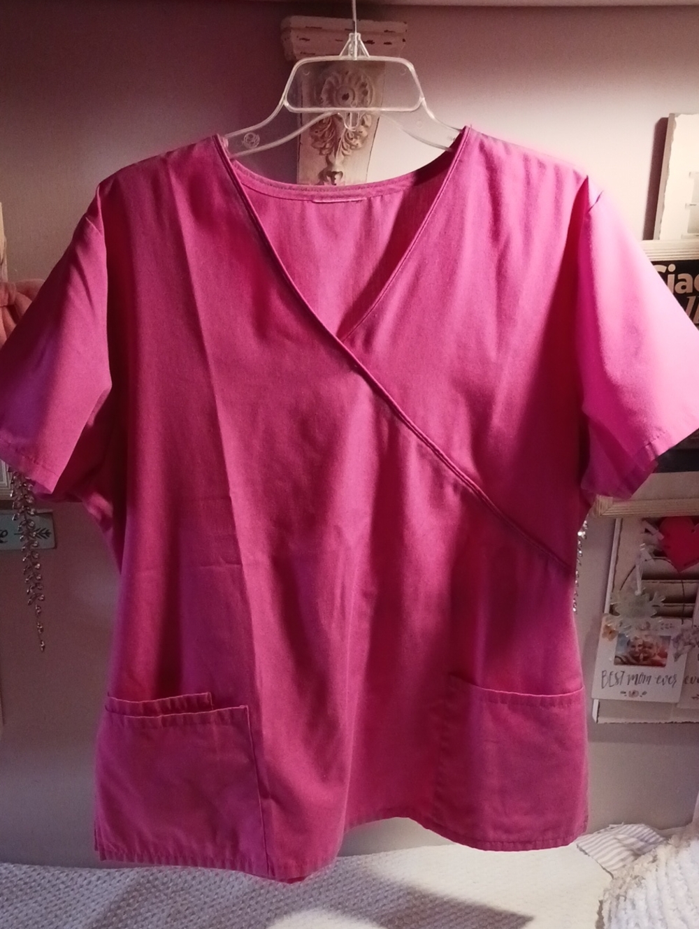 SB Scrubs  Pink 🌺 Wrap-Front Design Medical Scrub Top L